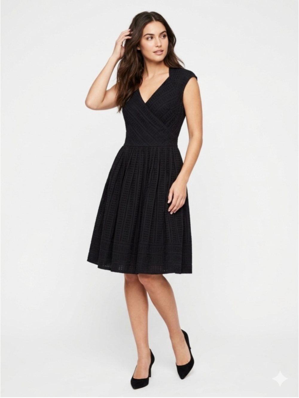 Isaac Mizrahi Target Black Eyelet Dobby Wrap Fit & Flare Midi Dress Gothic Sz 8